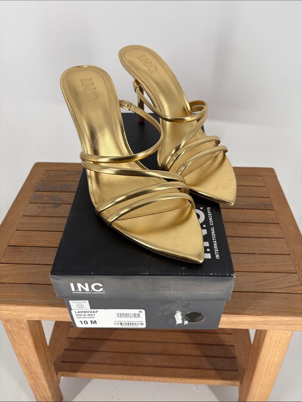 New INC International Concepts Metallic Gold Multi-Strap Pointed Mule Heels 10M